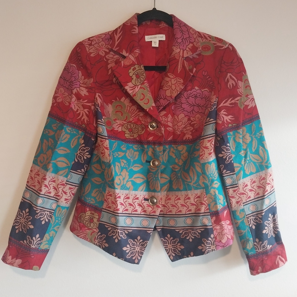 Coldwater Creek Red and Blue Patchwork Floral Tapestry 3 Button Blazer